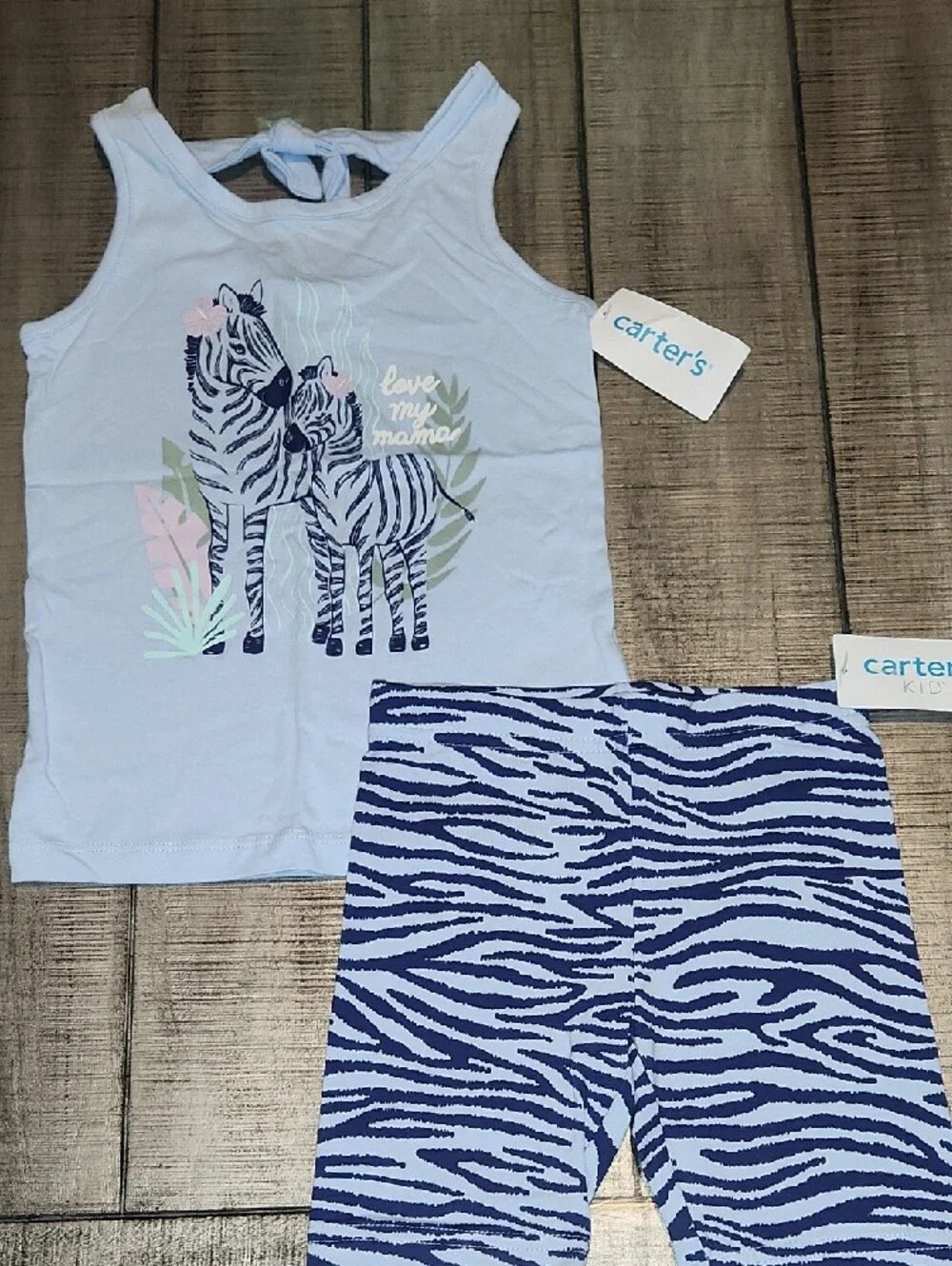 NWT Carter's Light Blue Zebra Tank with Navy Zebra Bike Shorts